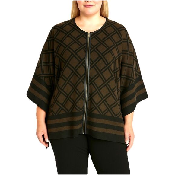 Rafaella Women’s 2X Poncho Cape Jacket Brown Black Geometric Zip Front Plus Size - Picture 1 of 11